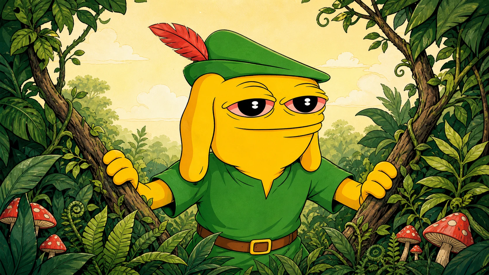 Andy in a green Robin Hood outfit pushing through dense illustrated foliage.