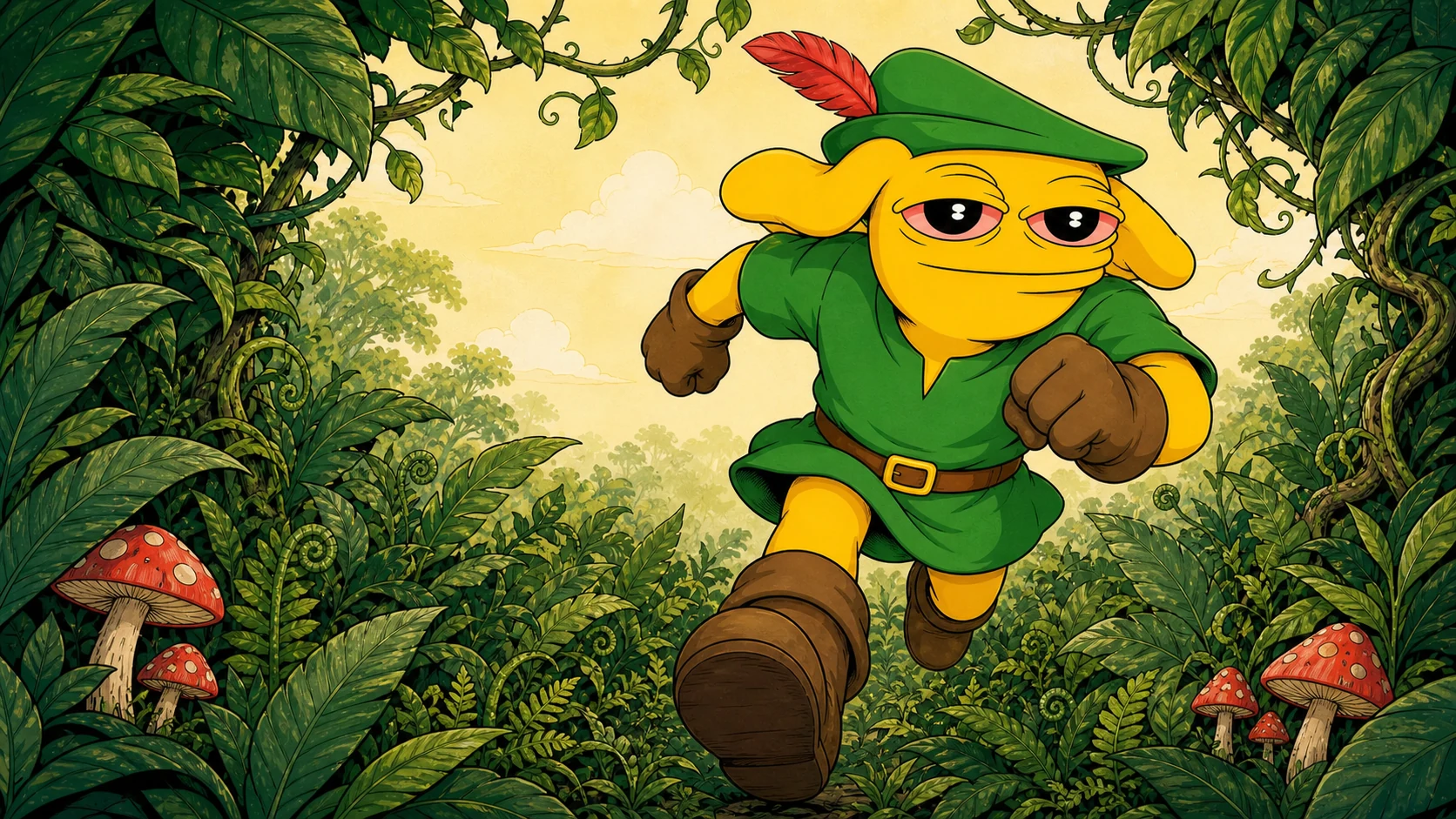 Andy running toward the viewer through dense illustrated foliage.