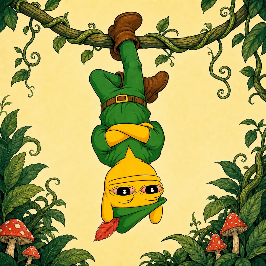 Andy hanging upside down from a vine with his arms folded.